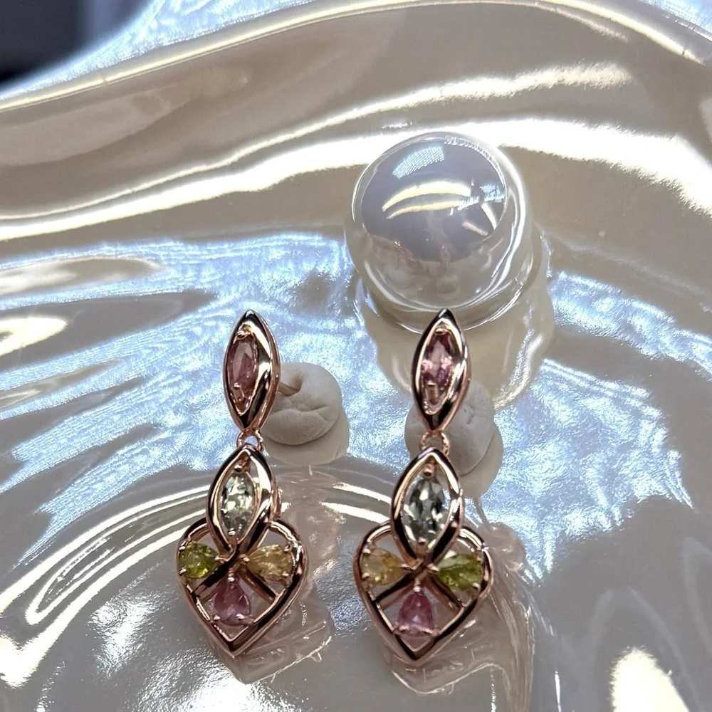ETR2 2CT Natural Rainbow Tourmaline ART DECO HEART Earrings 18K Rose Gold S925